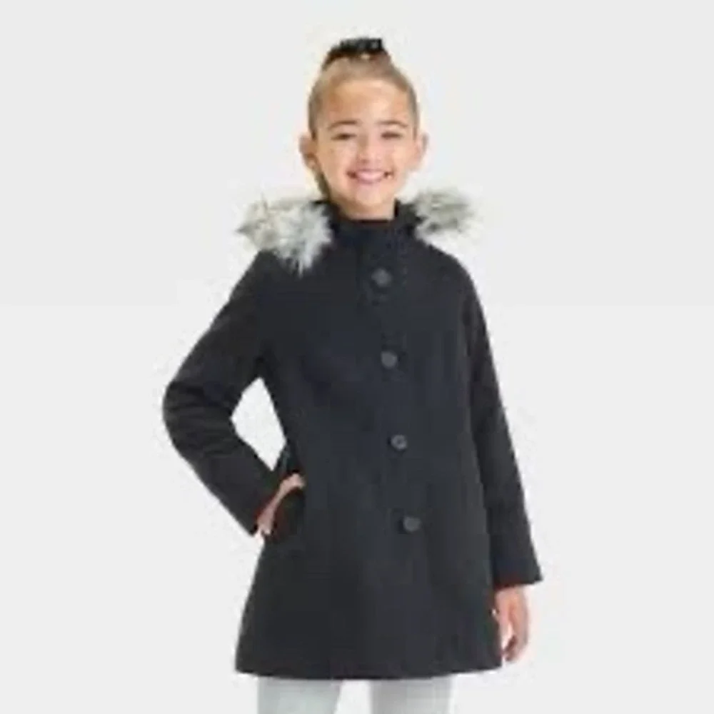 Cat & Jack Girls Black Hooded Winter Coat Faux Fur Trim Size Small 6-6X